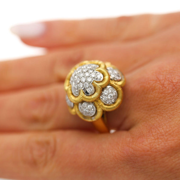 1.35 Carat Round Diamond Pave 18K Two Tone Gold Floral Dome Cocktail Ring