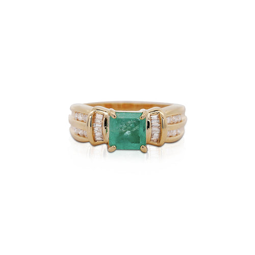 1.47 Carat Emerald With Round and Baguette Cut Diamond 14K Gold Statement Ring