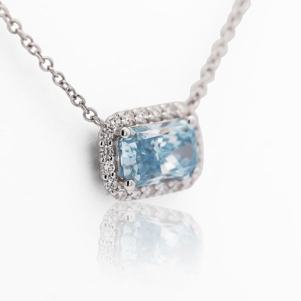 1.72 Carat Radiant Cut Blue & White Diamond Halo 14K White Gold Pendant Necklace