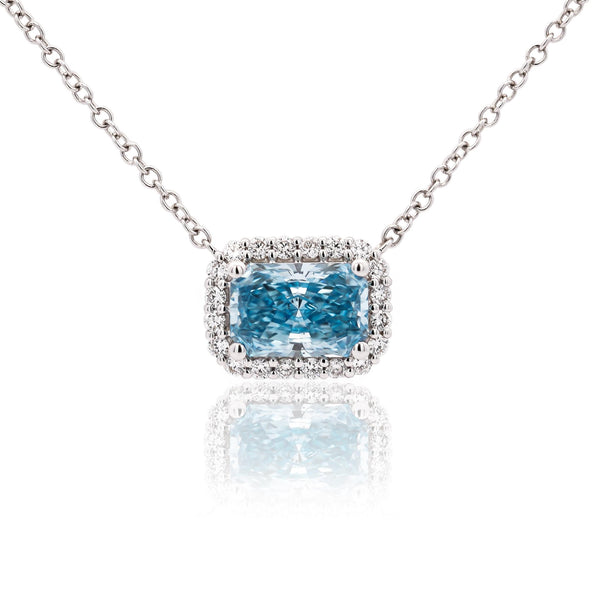 1.72 Carat Radiant Cut Blue & White Diamond Halo 14K White Gold Pendant Necklace