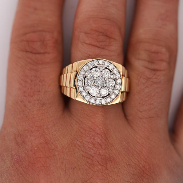 2 Carat Diamond Cluster 14K Gold Ribbed Shank Mens Signet Ring