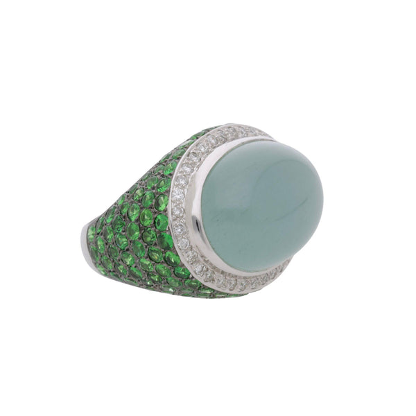 20.86 Carat Oval Aquamarine Tsavorite Diamond Dome 18K White Gold Cocktail Ring