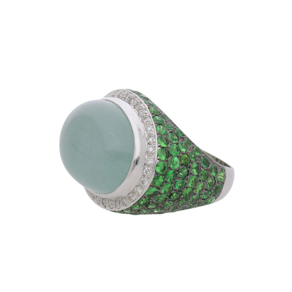 20.86 Carat Oval Aquamarine Tsavorite Diamond Dome 18K White Gold Cocktail Ring