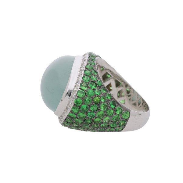 20.86 Carat Oval Aquamarine Tsavorite Diamond Dome 18K White Gold Cocktail Ring