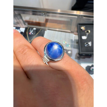 25 Carat GRS Certified No Heat Cabochon Cut Blue Star Sapphire Ring With Trapezoid Cut Diamonds – Assay Jewelers