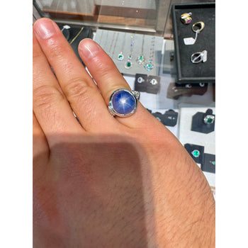 25 Carat GRS Certified No Heat Cabochon Cut Blue Star Sapphire Ring With Trapezoid Cut Diamonds – Assay Jewelers
