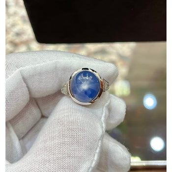 25 Carat GRS Certified No Heat Cabochon Cut Blue Star Sapphire Ring With Trapezoid Cut Diamonds – Assay Jewelers