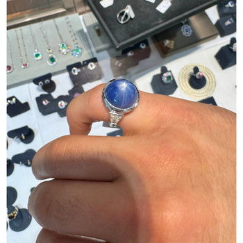 25 Carat GRS Certified No Heat Cabochon Cut Blue Star Sapphire Ring With Trapezoid Cut Diamonds – Assay Jewelers
