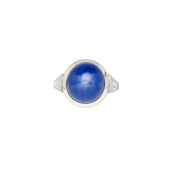 25 Carat GRS Certified No Heat Cabochon Cut Blue Star Sapphire Ring With Trapezoid Cut Diamonds – Assay Jewelers