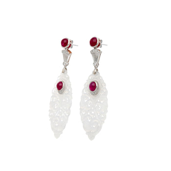 27.48 Carat Carved Grade A Lavender Jade Drop Earrings with Rubies & Diamonds – Assay Jewelers