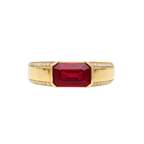 2.09 Carat Vivid Red Pigeon's Blood Burma Ruby Emerald Cut East-West Ring