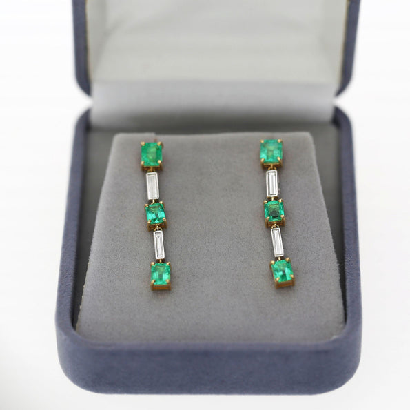 2.31 Carat Emerald & Baguette Diamond 18K Gold Drop Earrings