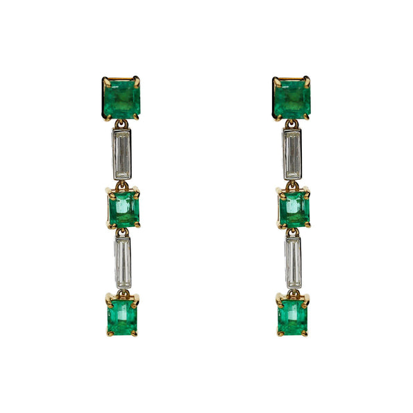 2.31 Carat Emerald & Baguette Diamond 18K Gold Drop Earrings