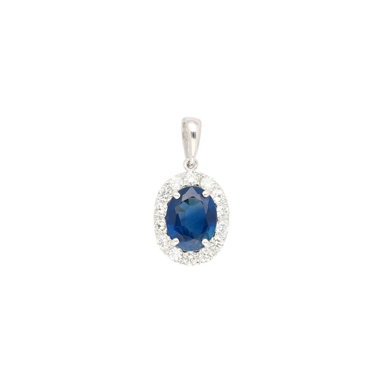 2.5 Carat Oval Cut Sapphire & Diamond Halo in 14K White Gold Pendant