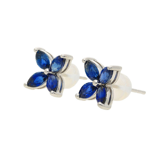 2.50 Carat Blue Sapphire Marquise Flower 18K White Gold Stud Earrings