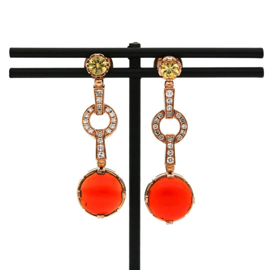 2.51 Carat Fire Opal, Yellow Sapphire, and Diamond 14K Rose Gold Drop Earring