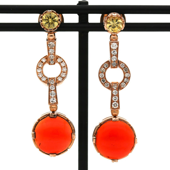 2.51 Carat Fire Opal, Yellow Sapphire, and Diamond 14K Rose Gold Drop Earring