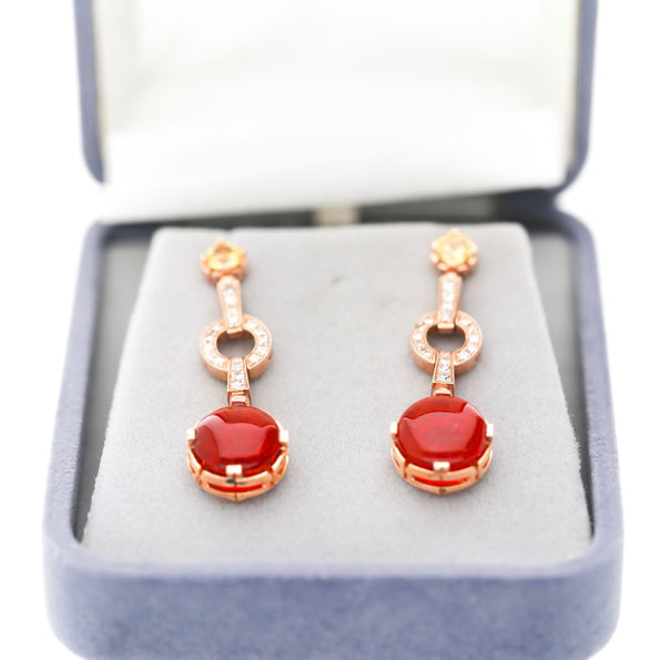 2.51 Carat Fire Opal, Yellow Sapphire, and Diamond 14K Rose Gold Drop Earring