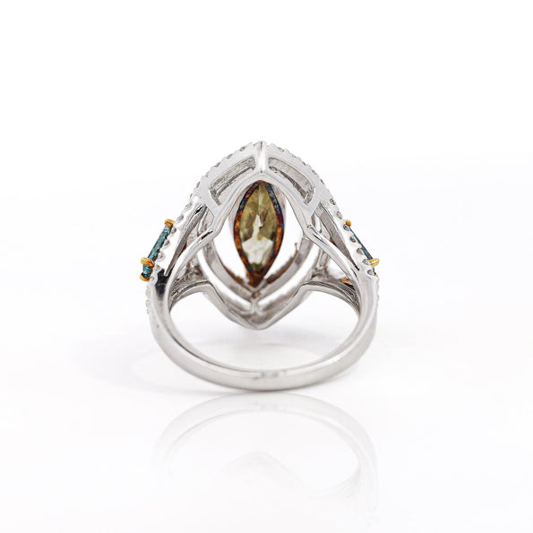 2.54 Carat Green Marquise & Blue Baguette Diamond Double Halo Openwork Ring
