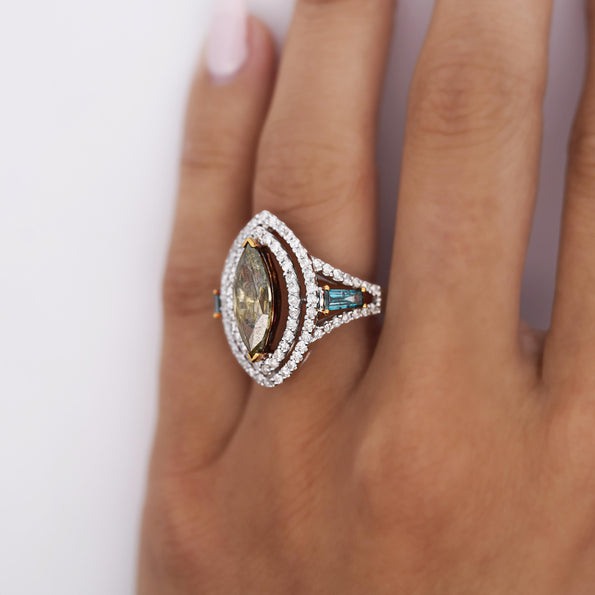 2.54 Carat Green Marquise & Blue Baguette Diamond Double Halo Openwork Ring