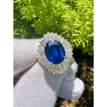 2.58 Carat Oval Cut Blue Sapphire and Diamond Halo Platinum Ballerina Ring – Assay Jewelers