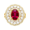 2.58 Carat Oval Thai Ruby & Triple Diamond Halo Retro Wide Frame Ring