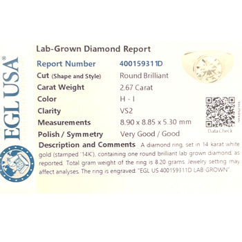 Diamant de laboratoire taille ronde de 2,6 carats, serti clos en or blanc 14K, Bague solitaire homme – Assay Jewelers