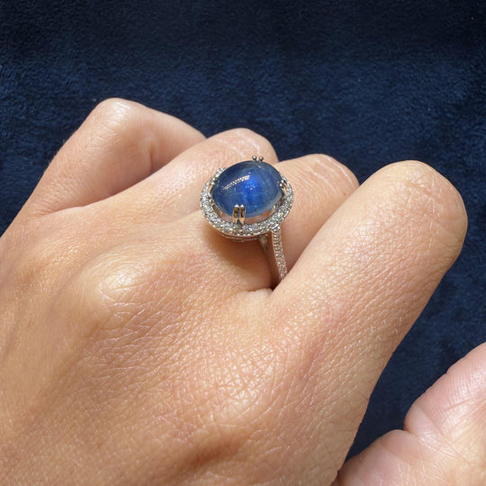 2.80 Carat Oval Cabochon Blue Star Sapphire and Diamond Halo Ring