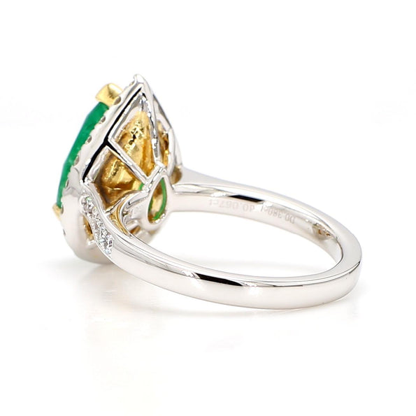 2.89 Carat Pear Vivid Green Emerald & Diamond Halo 18K Gold Halo Ring