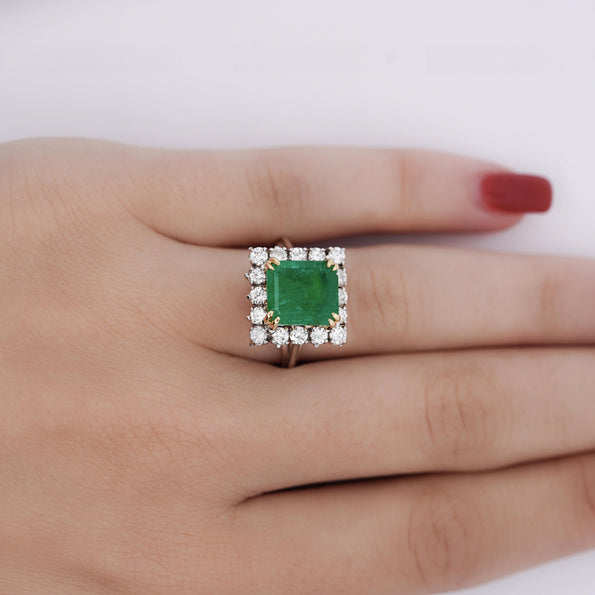 2.97 Carat Emerald Cut Emerald & Diamond Halo 18K White Gold Vintage-Style Ring