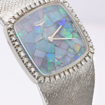 Vintage Longines Opal Mosaic Dial 34mm Diamond Bezel 18K White Gold Watch – Assay Jewelers