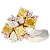 3 Carat Pink, Yellow, White Multi Cut Diamond Cluster Platinum And 18K Gold Ring