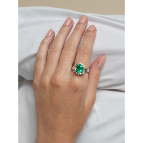 3 Carat Vivid Green Colombian Emerald and Diamond Halo Ring 18K White Gold