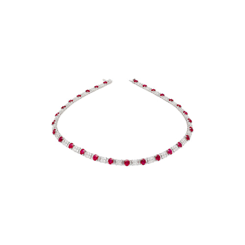 30 Carat TW Oval Cut Ruby and Diamond Tennis Necklace in Platinum