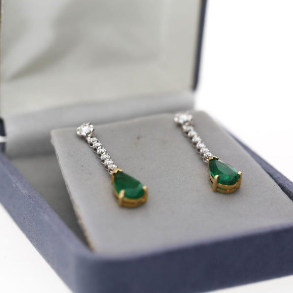 3.02 Carat Pear Vivid Green Emerald & Diamond 18K Gold Drop Earring