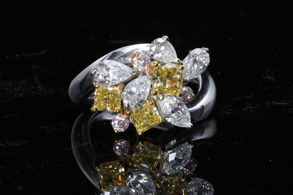3.07 Carat Yellow Cushion Pink White Diamond in Platinum 18K Gold Cluster Ring
