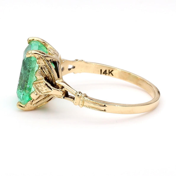 3.18 Carat Light Green Emerald Milgrain Vintage 14K Gold Ring