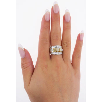 3.28 Carat TW Natural Radiant Cut Fancy Yellow Diamond 3-Stone Ring in 18K White Gold – Assay Jewelers
