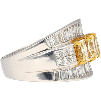 3.28 Carat TW Natural Radiant Cut Fancy Yellow Diamond 3-Stone Ring in 18K White Gold – Assay Jewelers