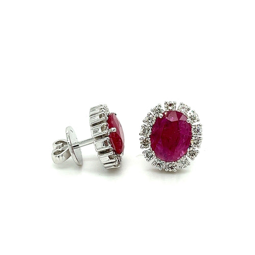 3.5 Carat No Heat Oval Cut Ruby Earrings With Round Diamond Halo