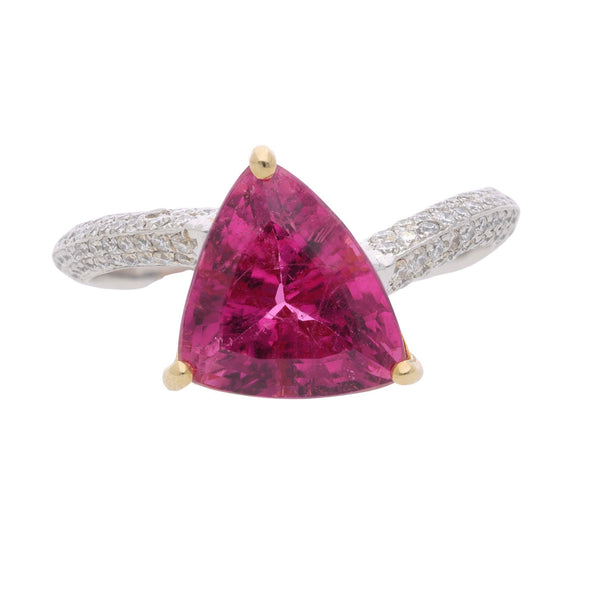 3.54 Carat Trilliant Rubellite Pink Tourmaline & Diamond 18K Two Tone Gold Ring