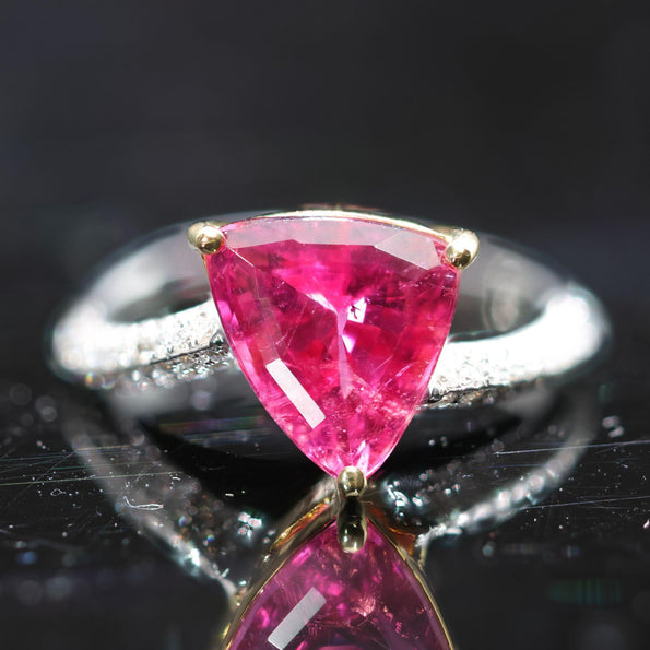3.54 Carat Trilliant Rubellite Pink Tourmaline & Diamond 18K Two Tone Gold Ring