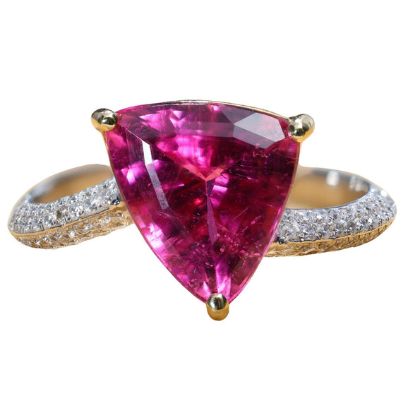3.54 Carat Trilliant Rubellite Pink Tourmaline & Diamond 18K Two Tone Gold Ring