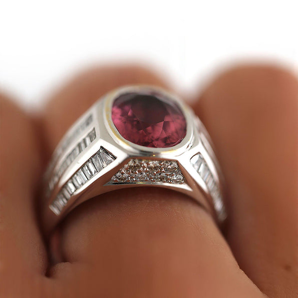 3.59 Carat Oval Pink Tourmaline and Baguette Diamond 18K White Gold Unisex Ring