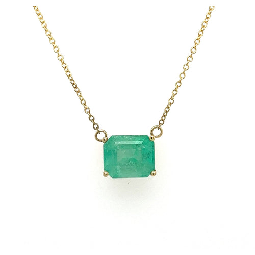 3.66 Carat Emerald Cut Colombian Emerald Solitaire East West Pendant Necklace in 14K Yellow Gold