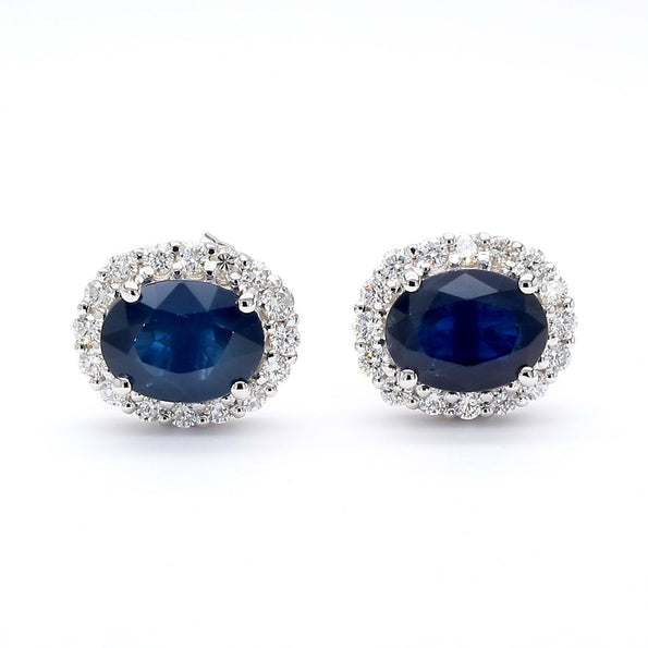 3.70 Carat Oval Dark Blue Sapphire & 0.48 Carat Diamond Halo 18K White Gold Stud
