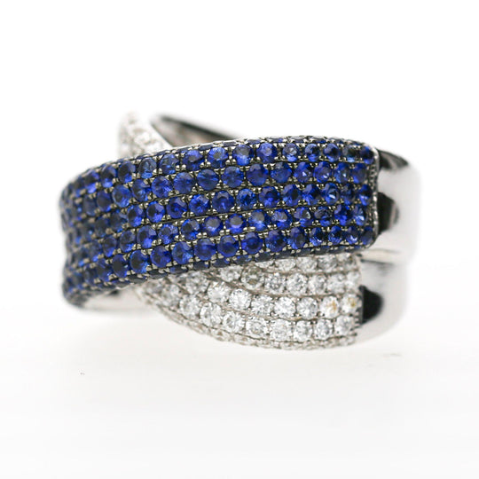 3.72 Carat Blue Sapphire & Diamond Pave 18K Crossover Band Ring