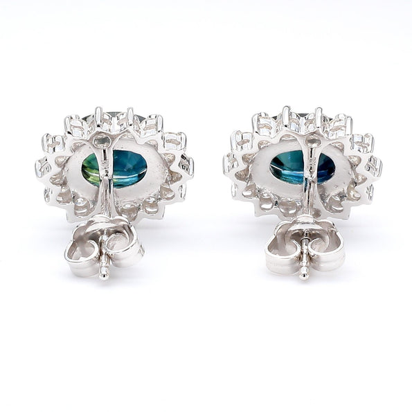 3.75 Carat Oval Blue Sapphire & 0.83 Carat Diamond Halo 18K White Gold Earrings