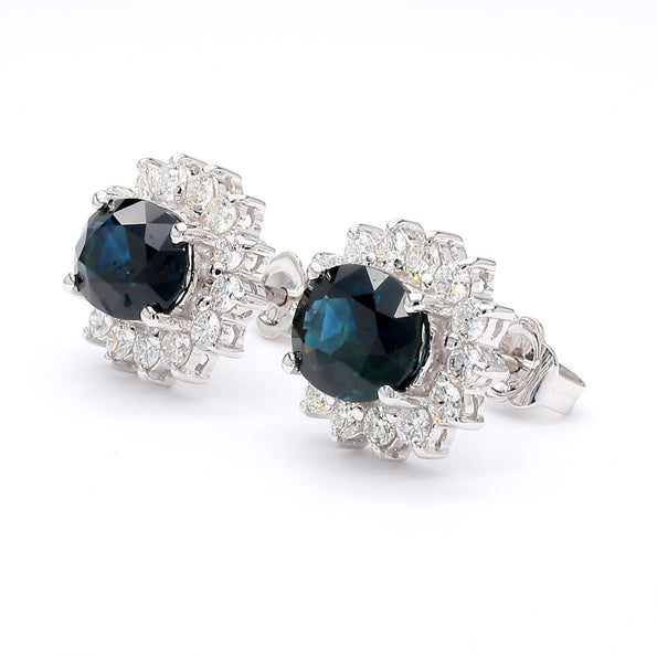 3.75 Carat Oval Blue Sapphire & 0.83 Carat Diamond Halo 18K White Gold Earrings