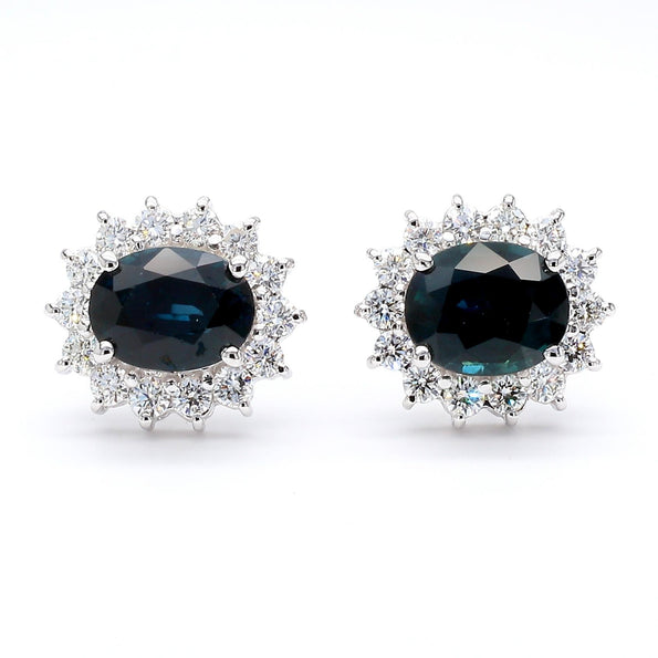3.75 Carat Oval Blue Sapphire & 0.83 Carat Diamond Halo 18K White Gold Earrings